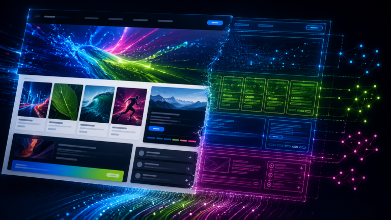 Futuristic web browser and analytics dashboard overlap amid neon data streams, illustrating the convergence of SEO, PPC and AI-driven search marketing.