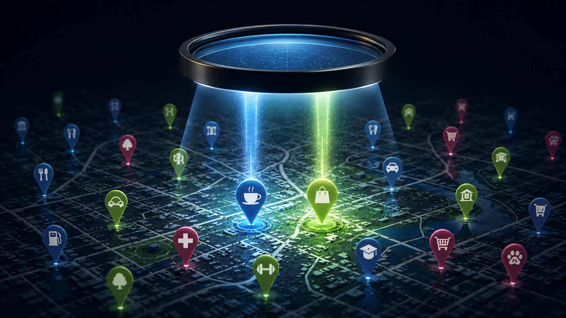 Futuristic scanner projects blue and green beams onto business location pins on a dark city map.
