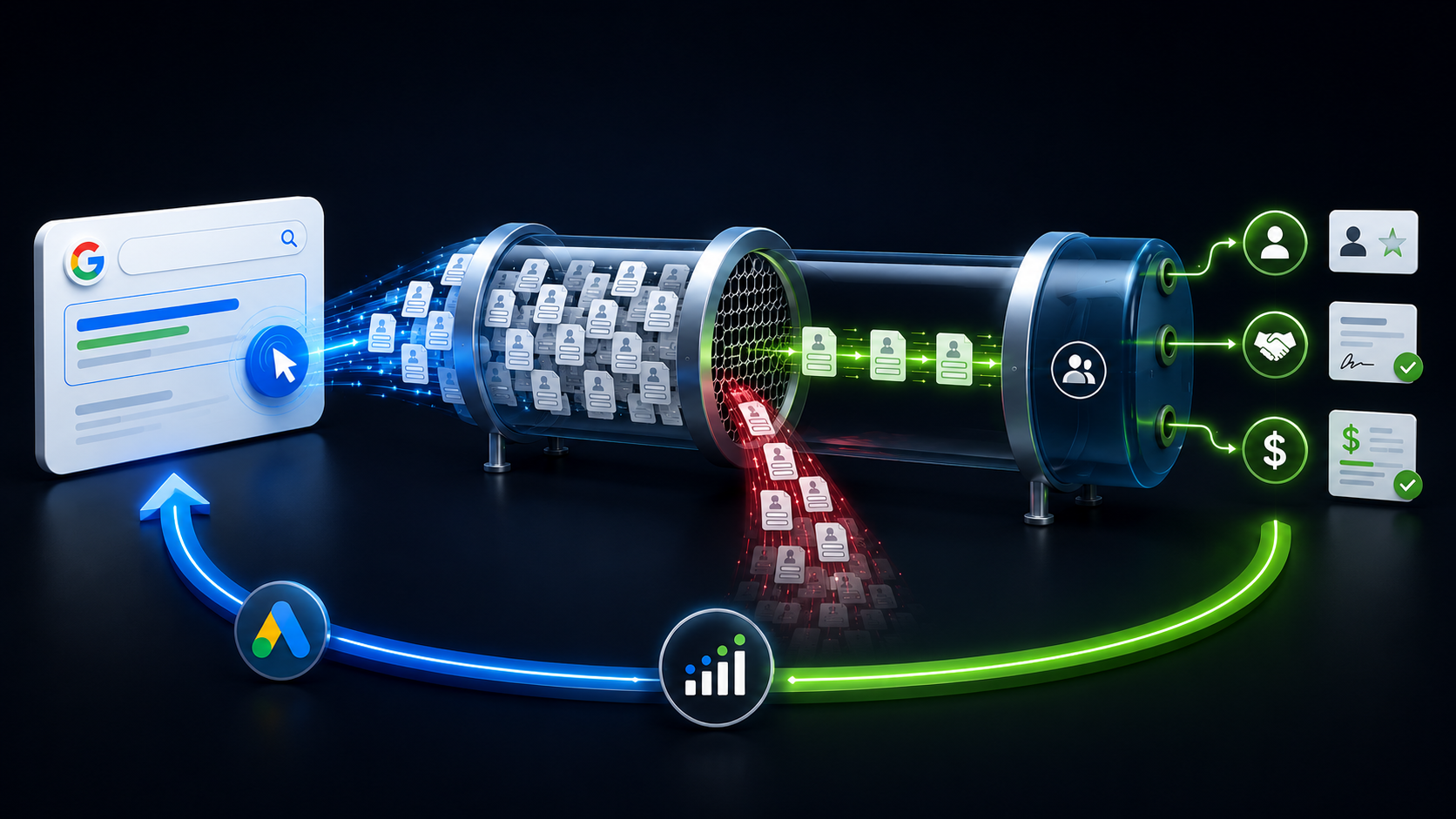 Digital pipeline filters contact cards from a search page into profile, agreement, and revenue outcomes.
