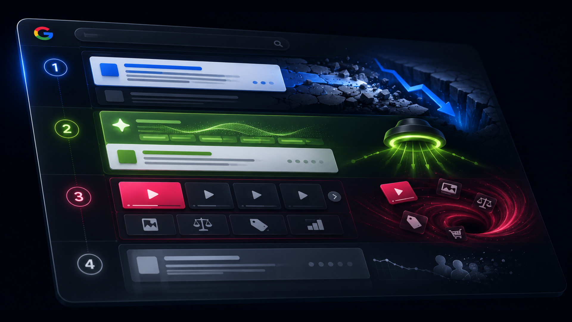 Stylized Google results page with four numbered sections, a falling blue arrow, green beam, and red vortex.