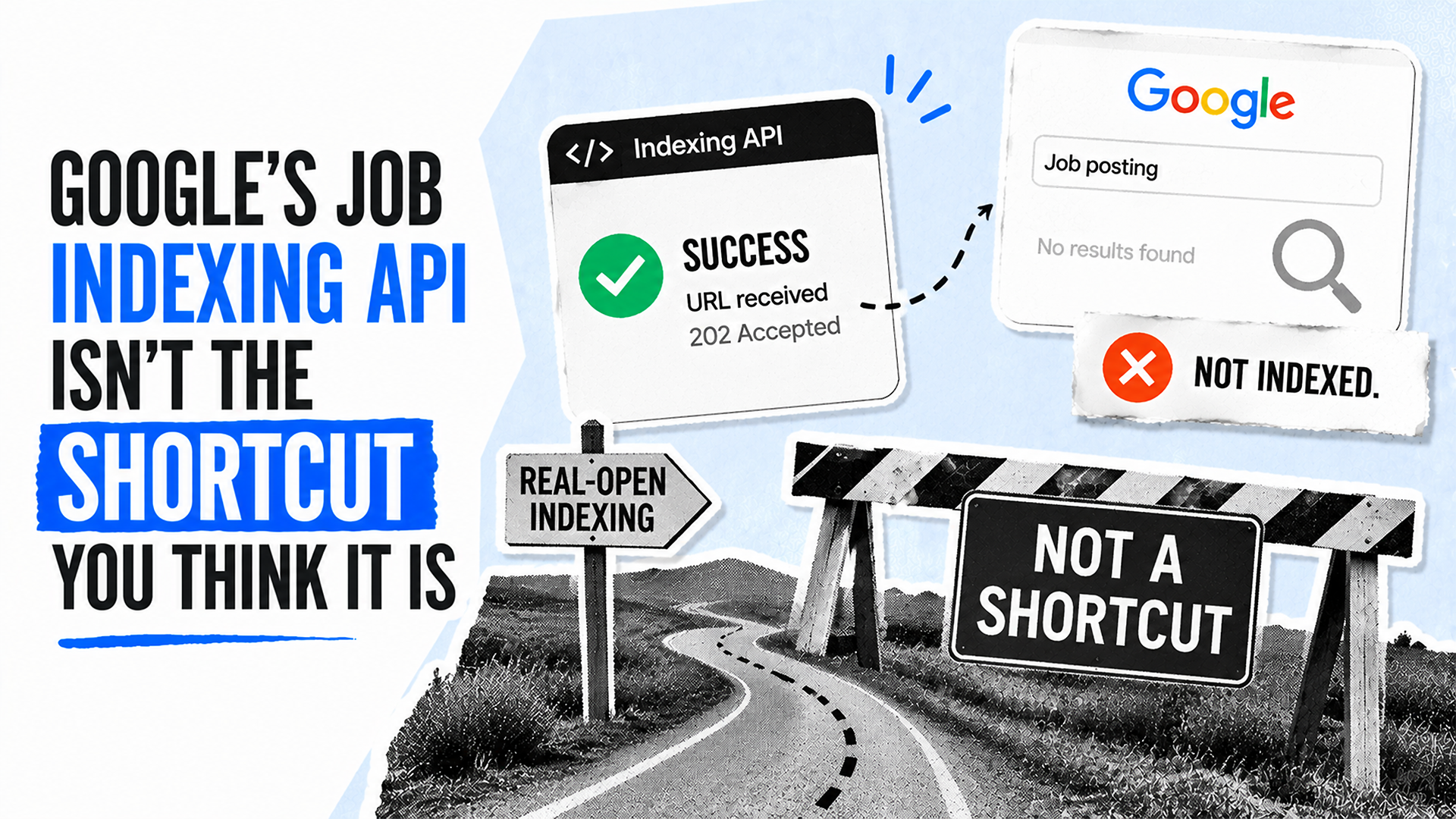 Graphic contrasts an Indexing API success notice with a Google job search showing no results and "Not indexed."