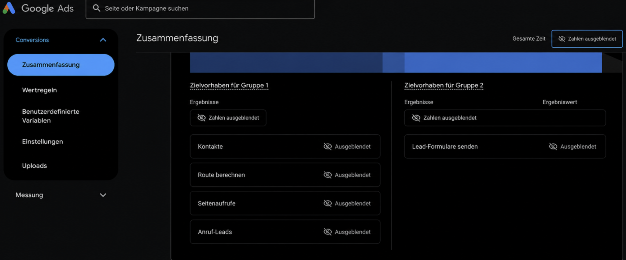 Google Ads conversion summary listing contacts, route calculations, page views, call leads, and lead forms.