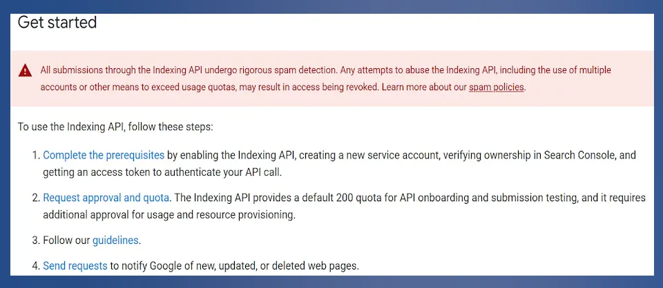 Indexing API "Get started" page with a spam warning and four setup steps.
