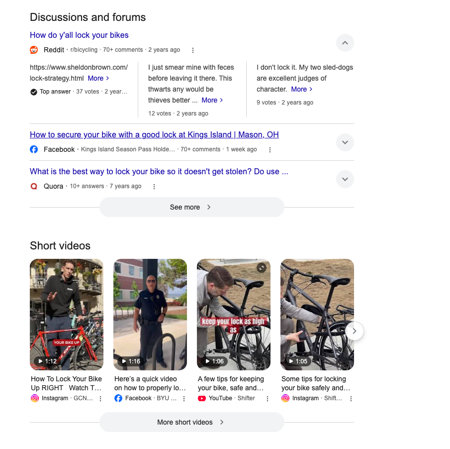 Search results showing bike-locking discussions and short video thumbnails from Reddit, Facebook, Quora, and YouTube.
