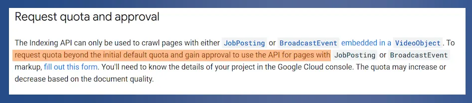 Documentation excerpt titled "Request quota and approval" with a quota request sentence highlighted in orange.