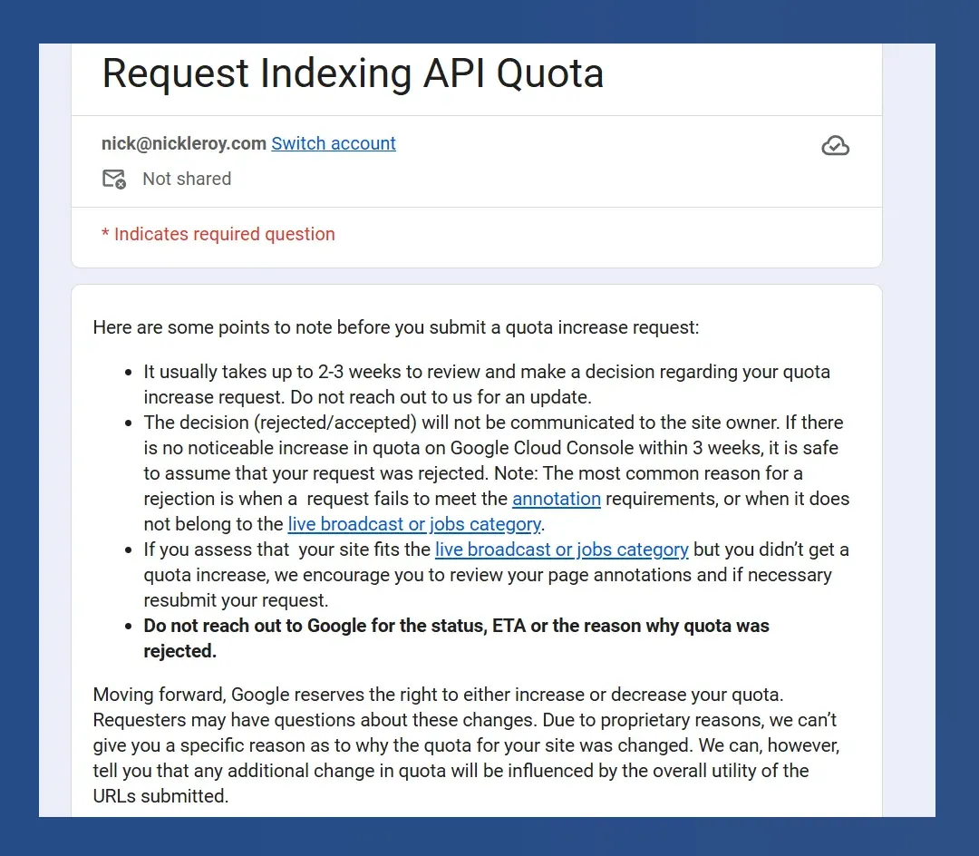 Request Indexing API Quota form with notes on review times, eligibility, rejections, and quota changes.