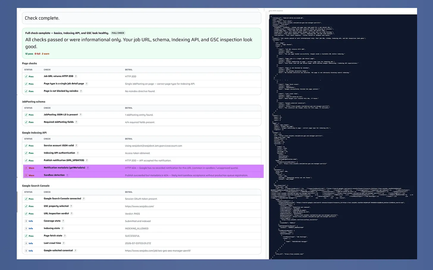 Job indexing health check with passing results, two warnings, and a raw JSON response.