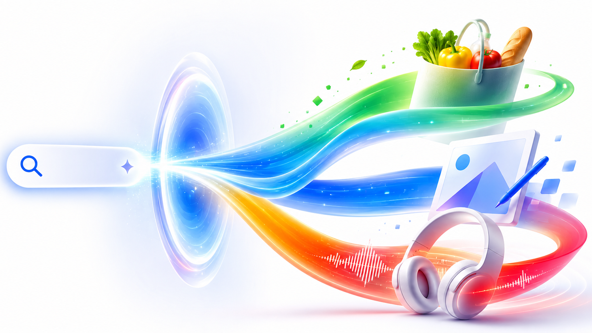 Search bar feeding colorful streams toward groceries, a design card with stylus, and headphones.