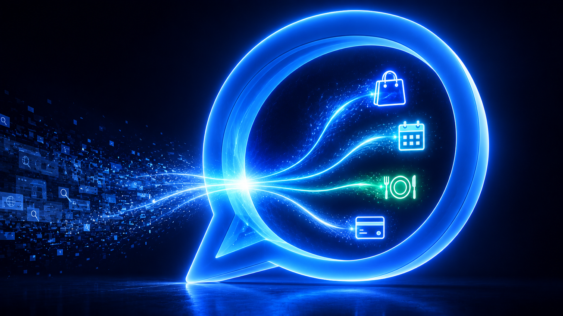 Glowing blue chat bubble with light trails linking shopping, calendar, dining, and payment icons.
