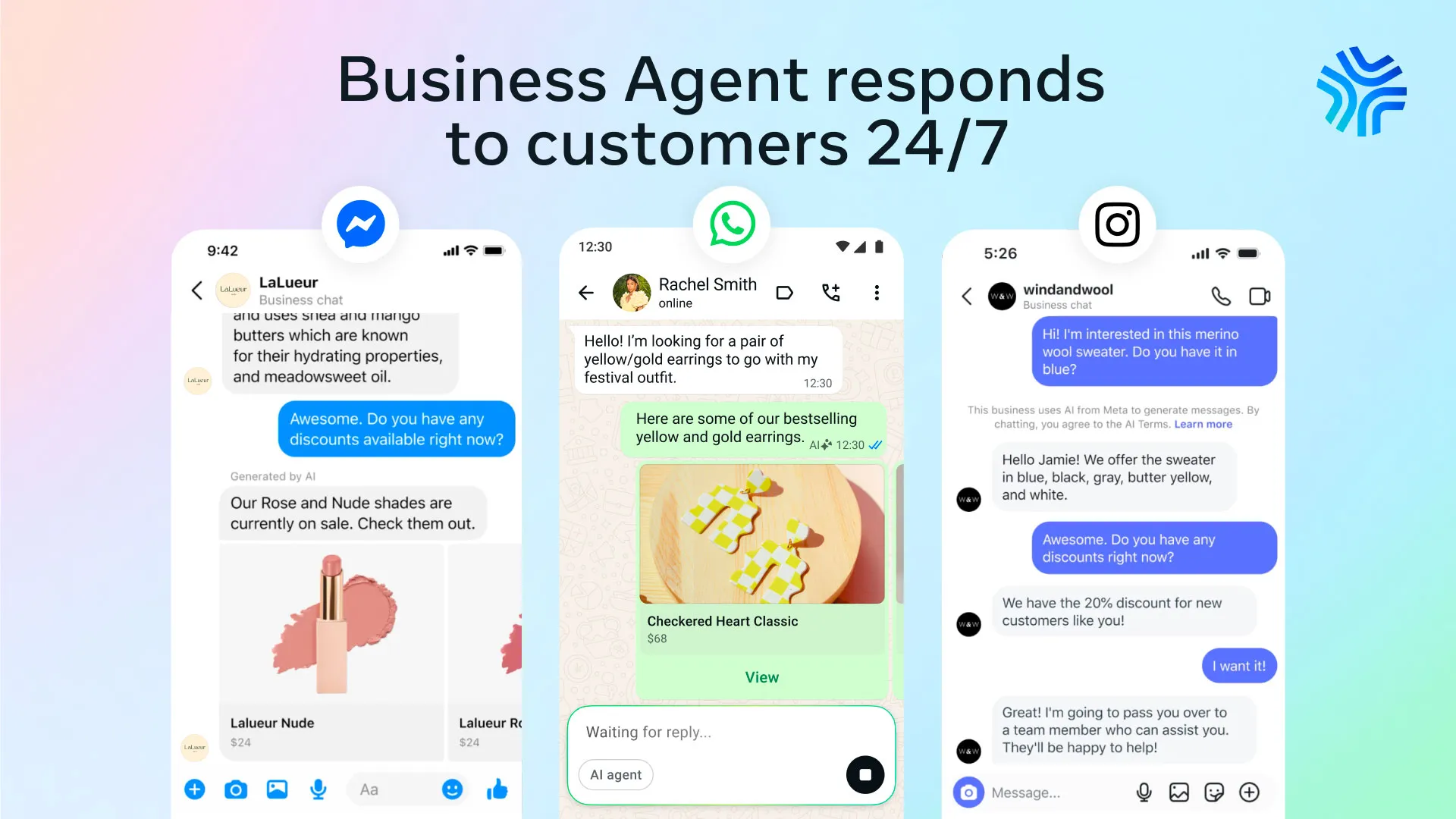 Three phone chat screens beneath the headline "Business Agent responds to customers 24/7," with messaging app icons.