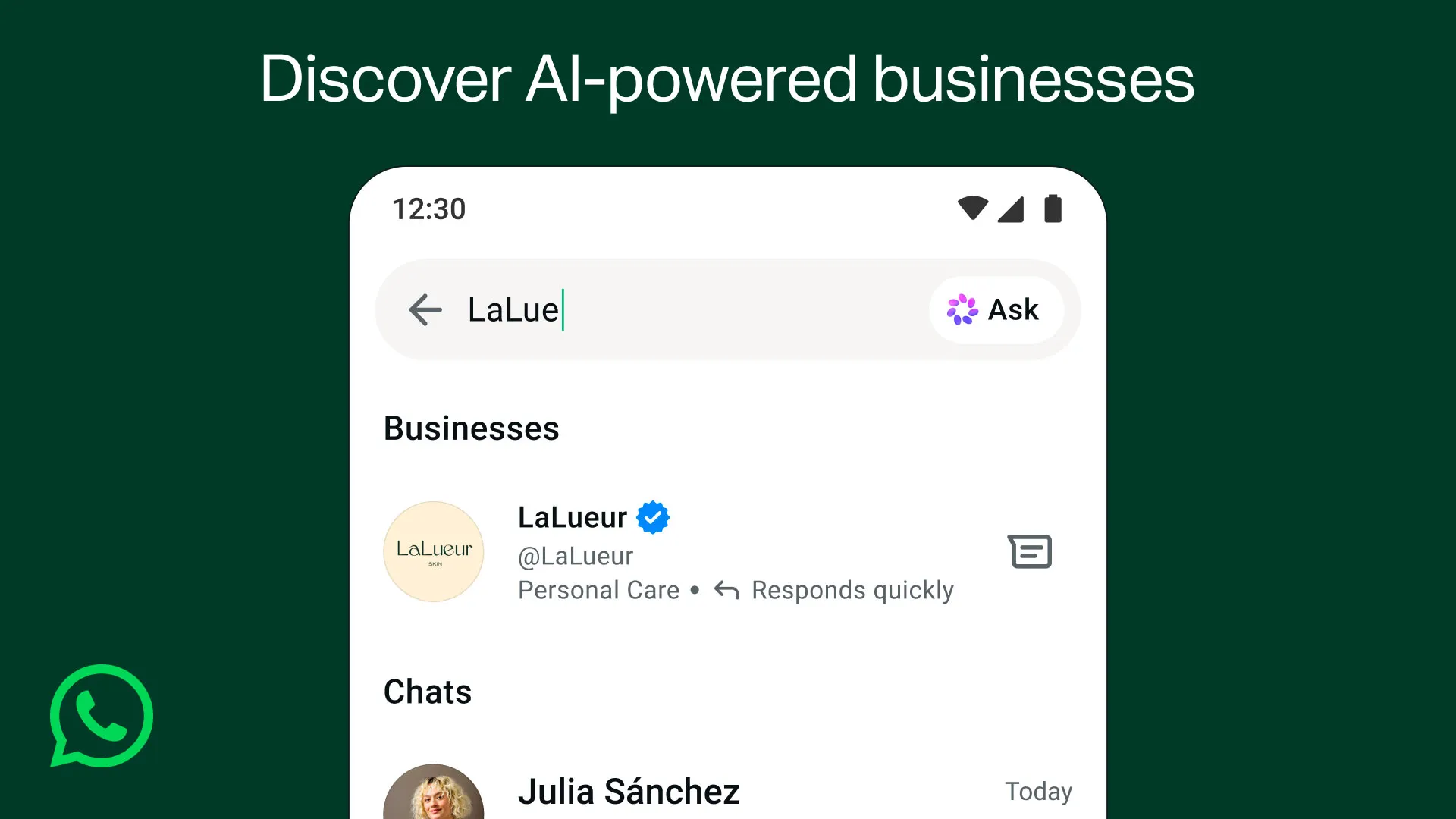 Phone mockup showing an AI-powered business search for LaLueur, with a business result and chat list.