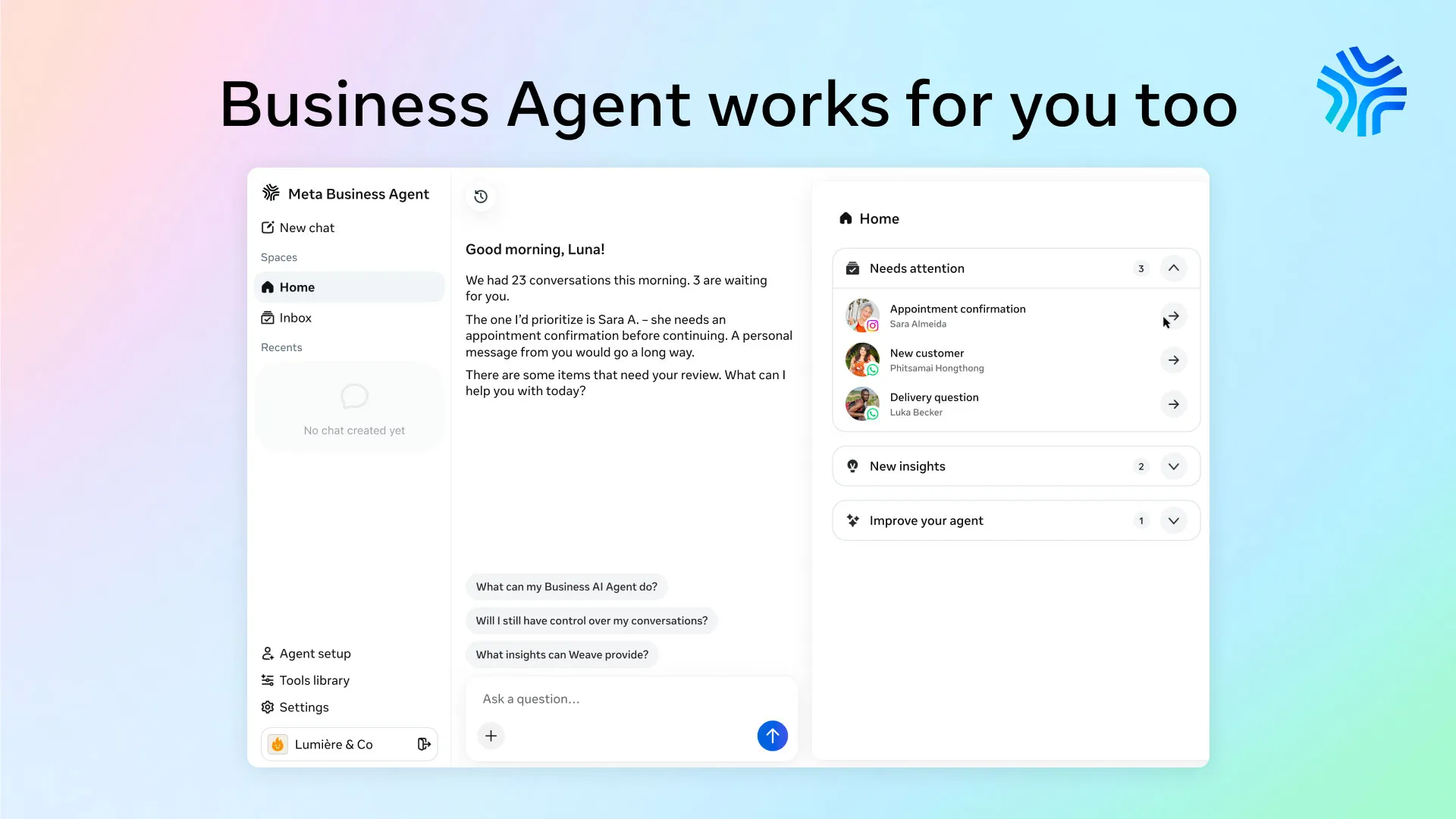 Business Agent works for you too headline above a Meta Business Agent dashboard with chat and task panels.