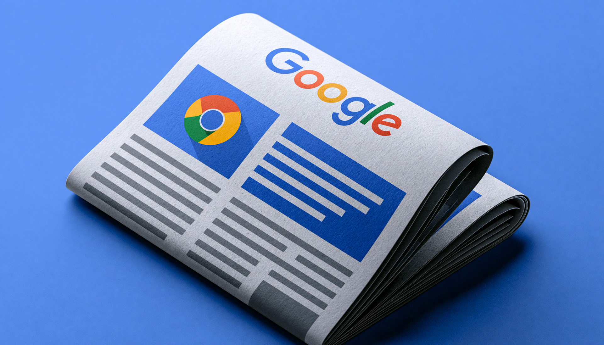 Folded newspaper with the Google wordmark, a circular multicolor logo, and blue and gray article blocks.