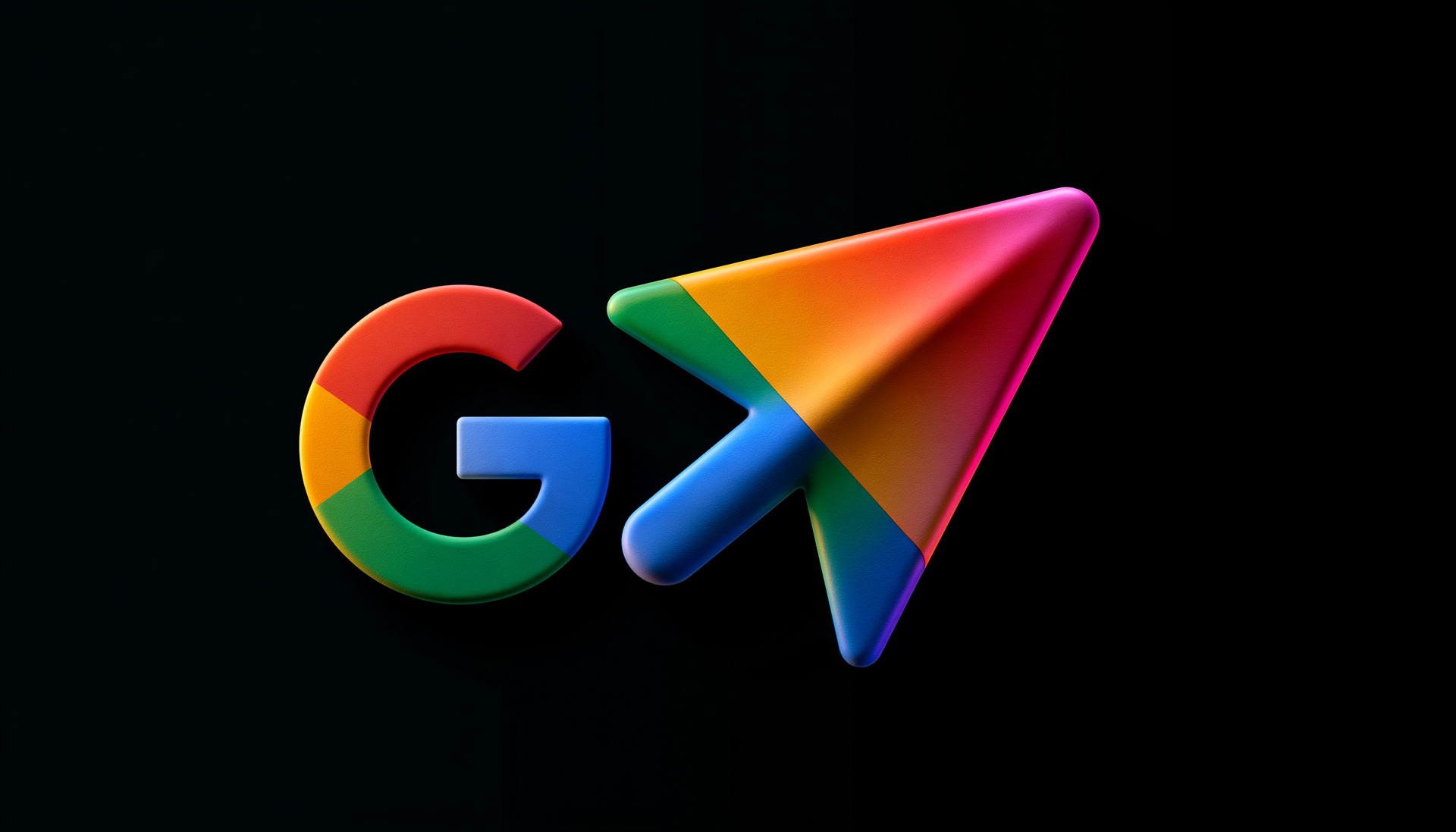 Multicolored 3D letter G beside a large cursor arrow on a black background.