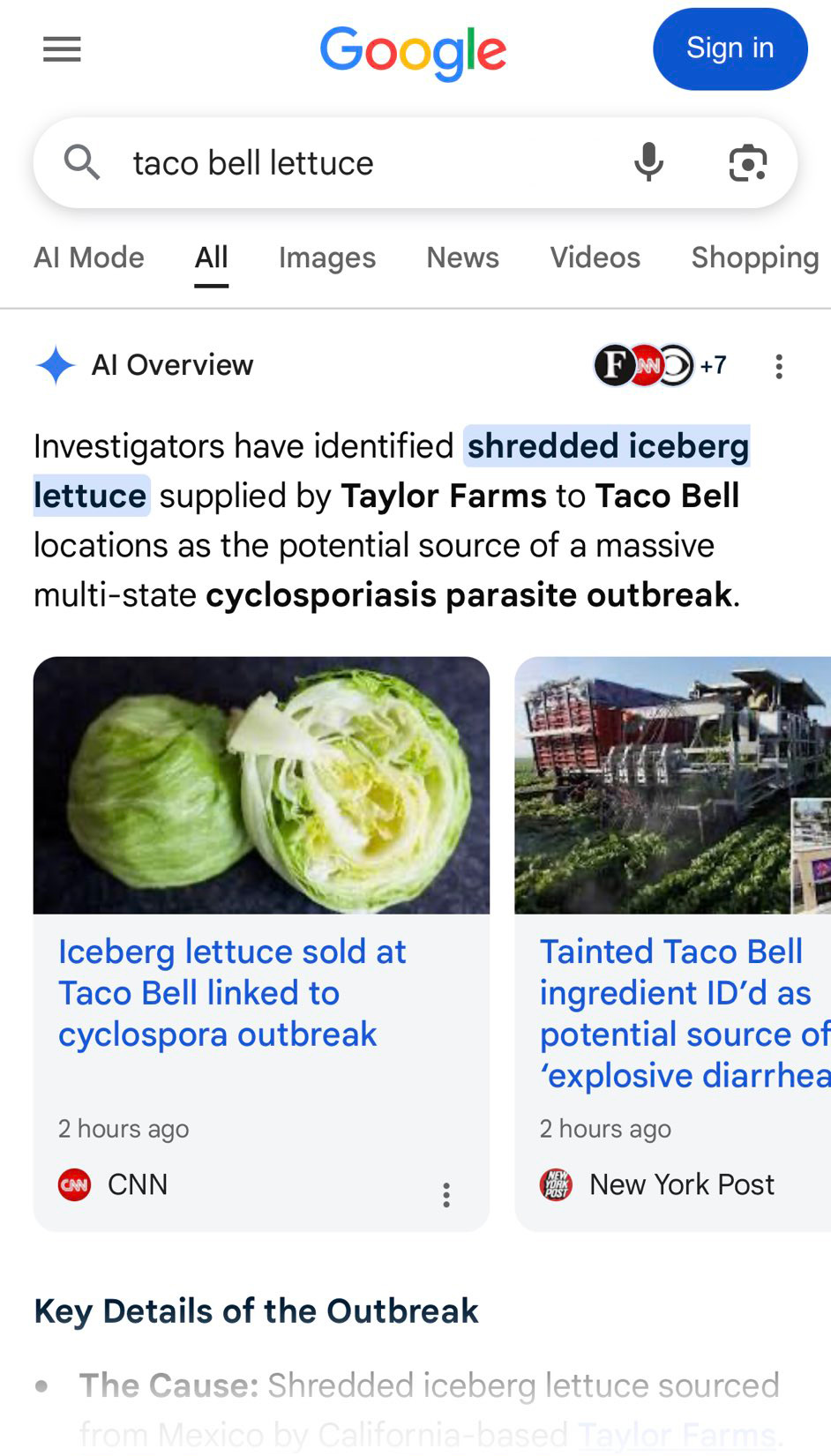 Mobile Google results for "taco bell lettuce" showing an AI Overview and two news cards about a lettuce outbreak.