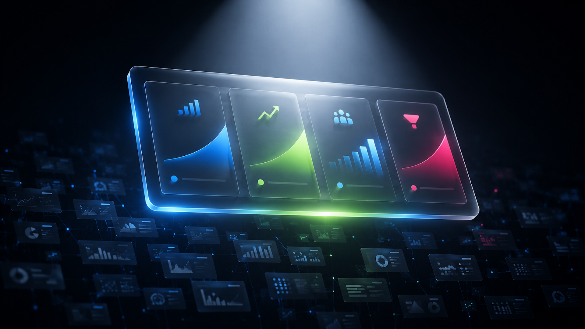Glowing futuristic analytics dashboard with four colorful metric cards above a network of data panels