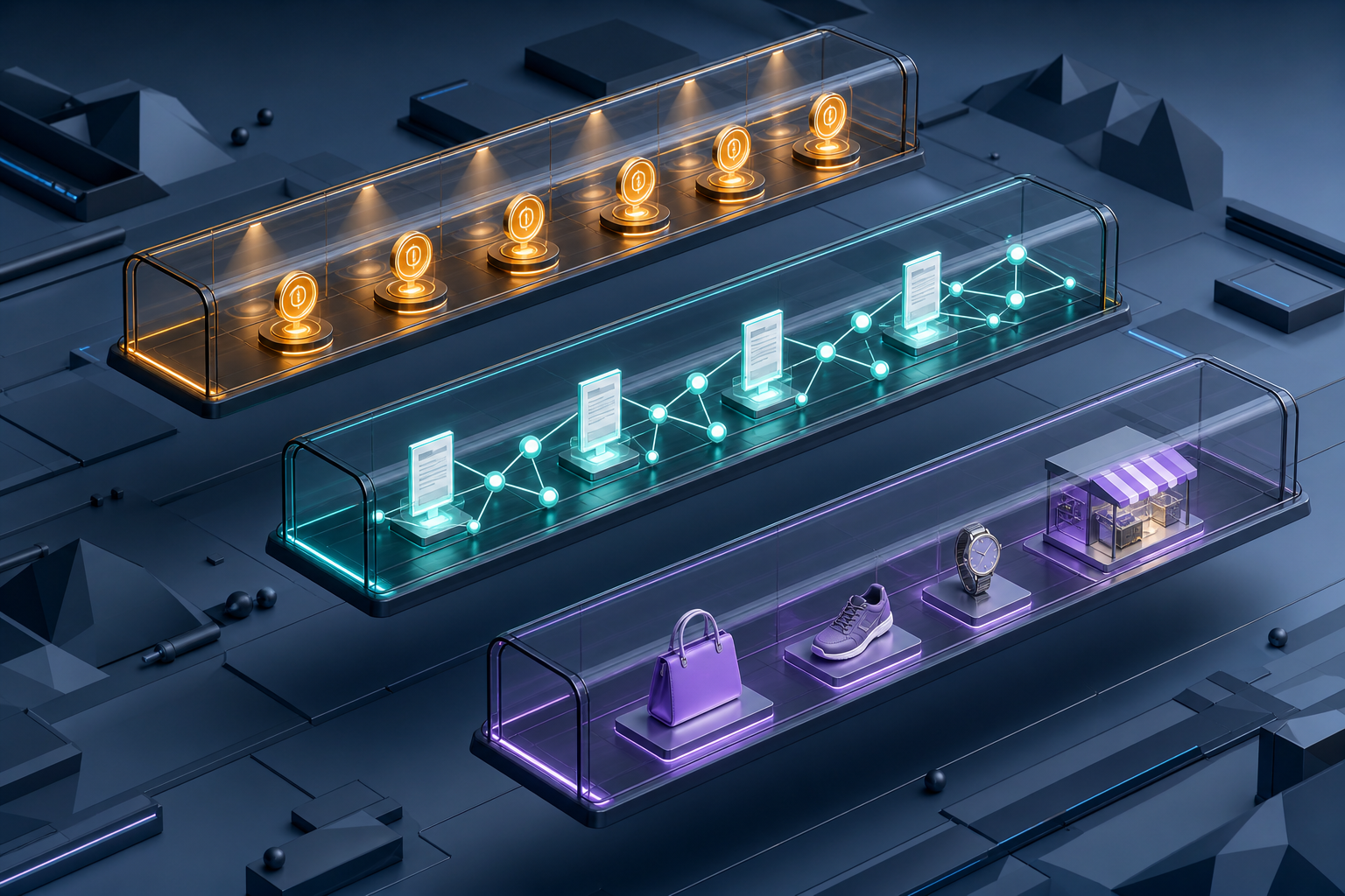 Three separate glass corridors contain bid tokens, connected source pages, and a digital storefront with products.
