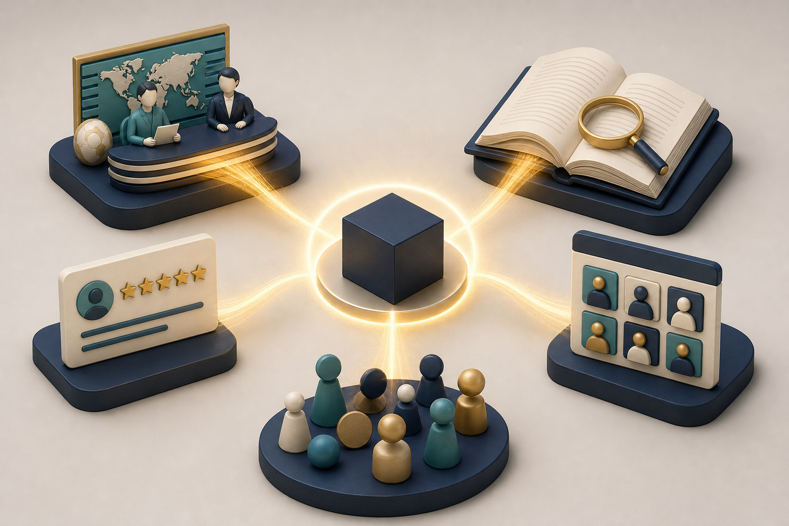 Independent editorial, research, review, directory, and community sources converging around one unbranded object.