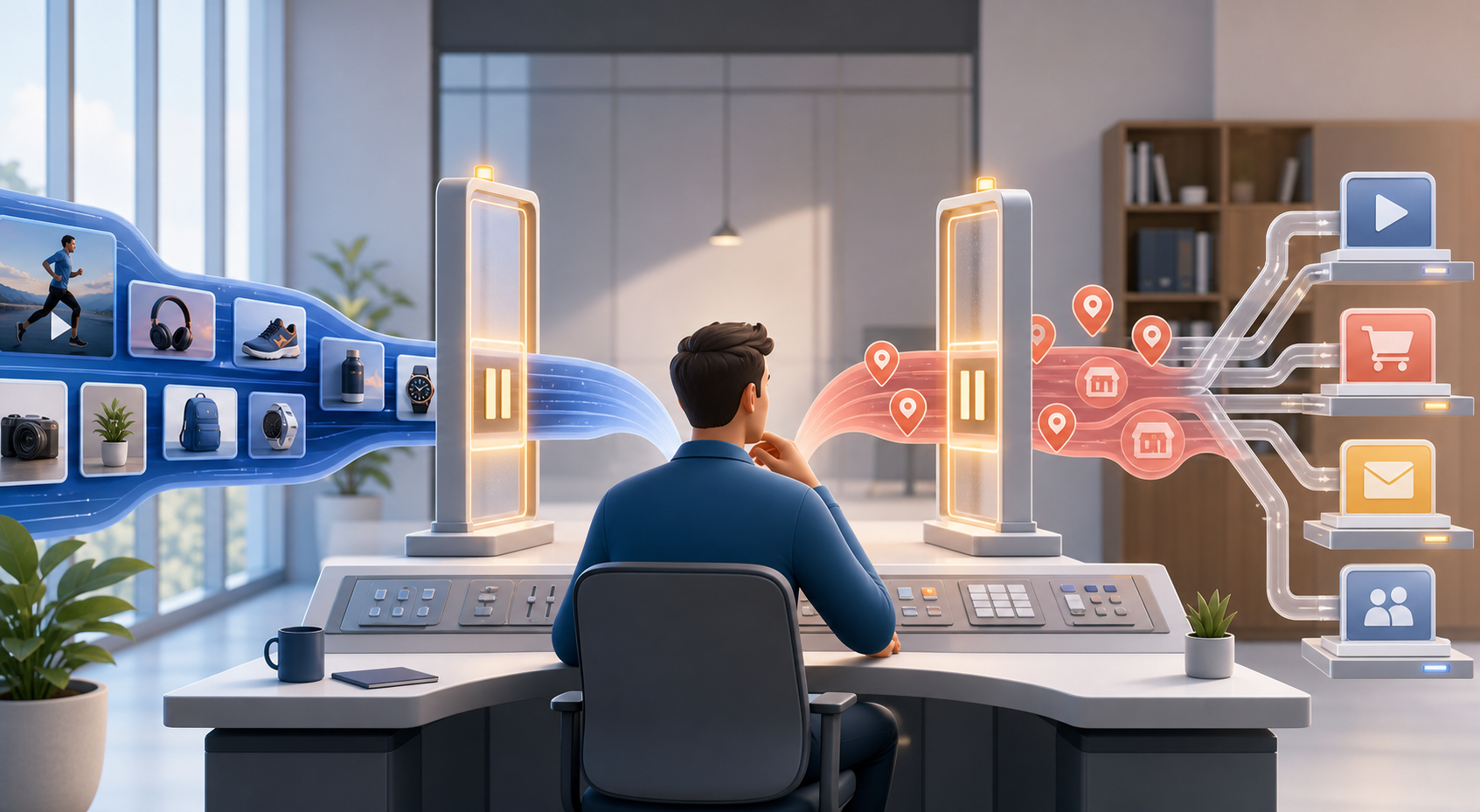 A marketing specialist reviews video assets and storefront-visit signals at two control gates before they enter a digital campaign system.