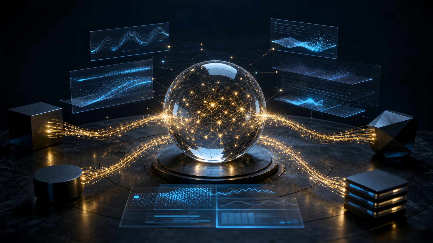 A glowing neural-network sphere receives streams of gold particles amid abstract search, content, and measurement signals on a dark strategy table.