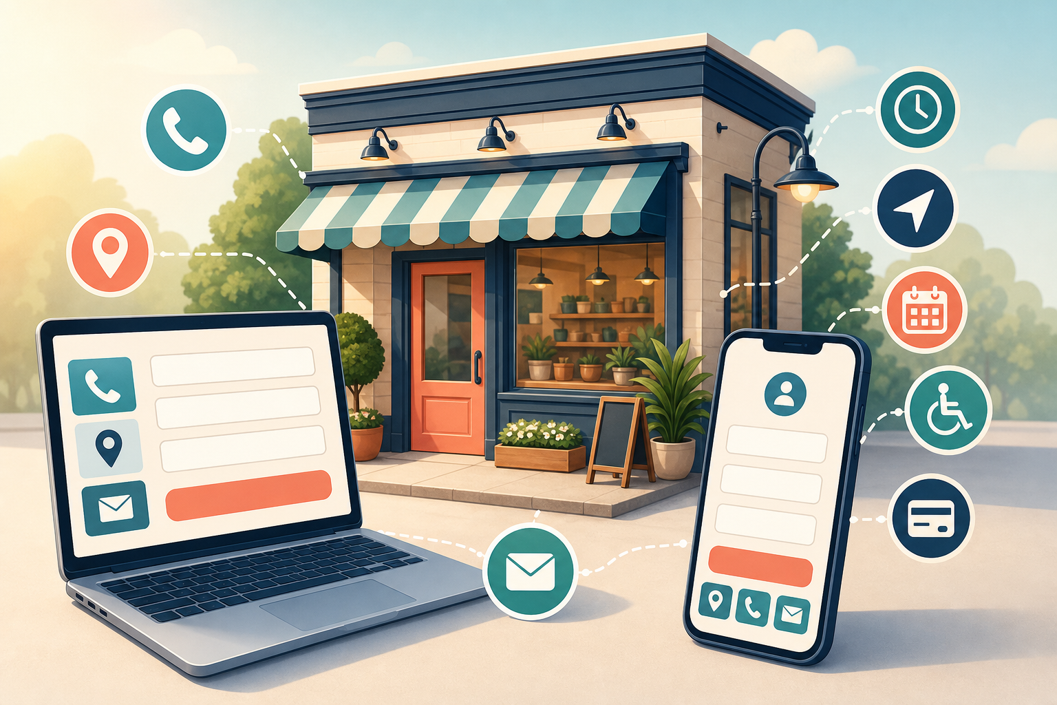 Illustration of a local storefront connected to contact-page screens and icons for calls, location, hours, directions, messages, accessibility, payments, and appointments.