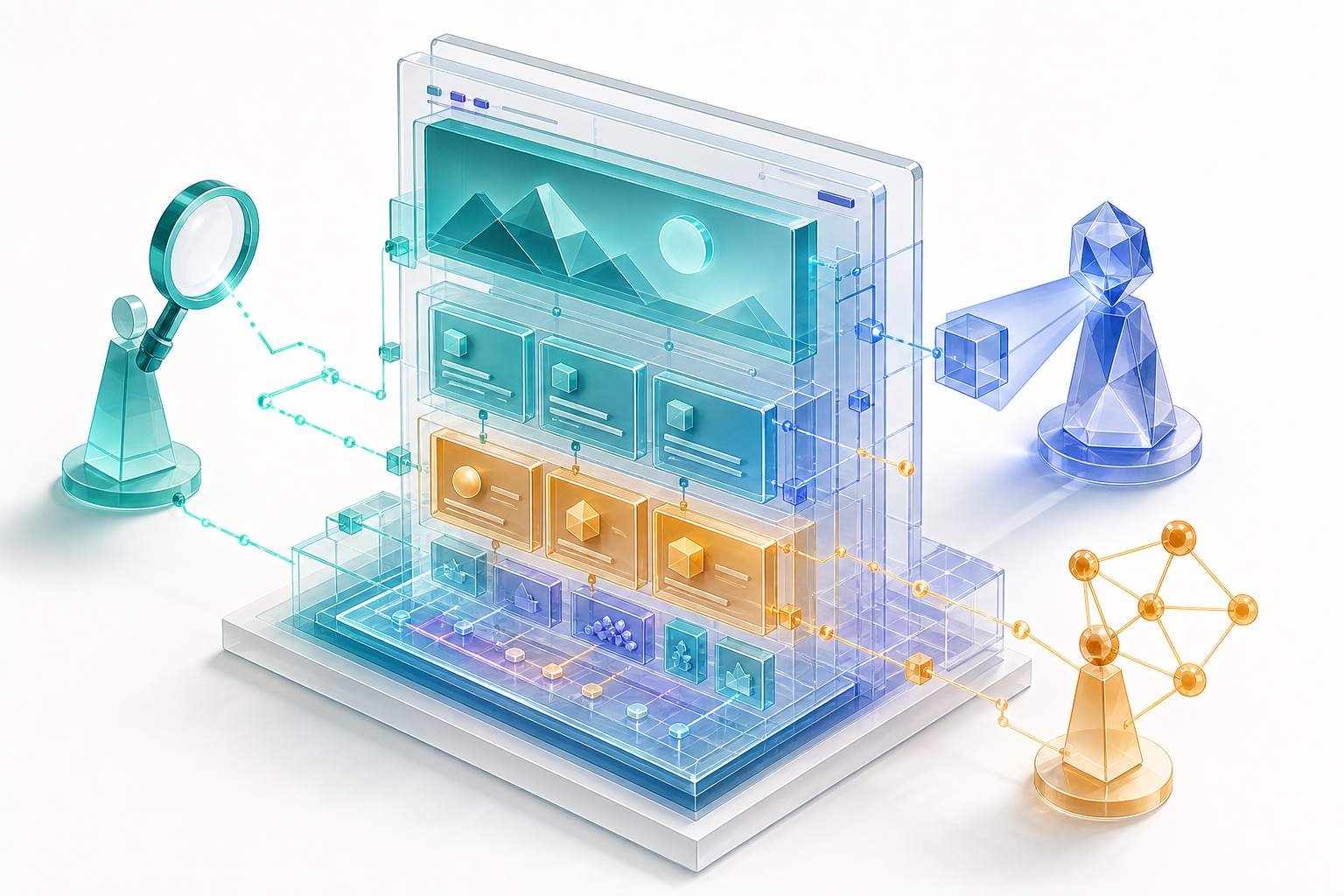 An isometric web page structure is examined by a search lens, an abstract language model, and a network of linked entity nodes.