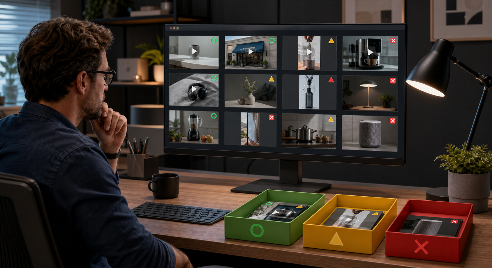 A content manager sorts generic product and storefront video previews into separate review trays at a desk.