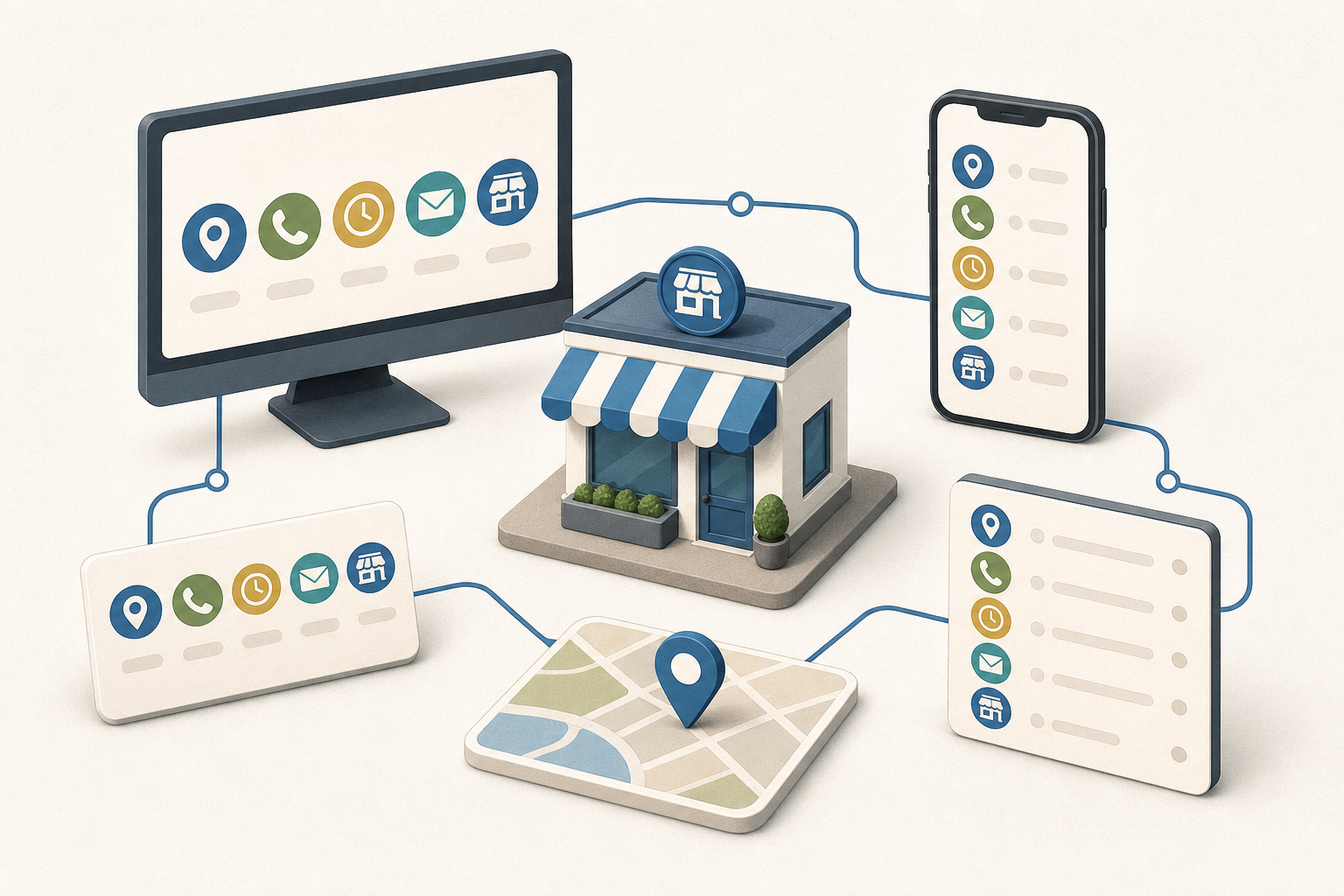 Illustration of a storefront linked to matching phone, location, hours, and email icons across a computer, smartphone, card, map tile, and directory panel.