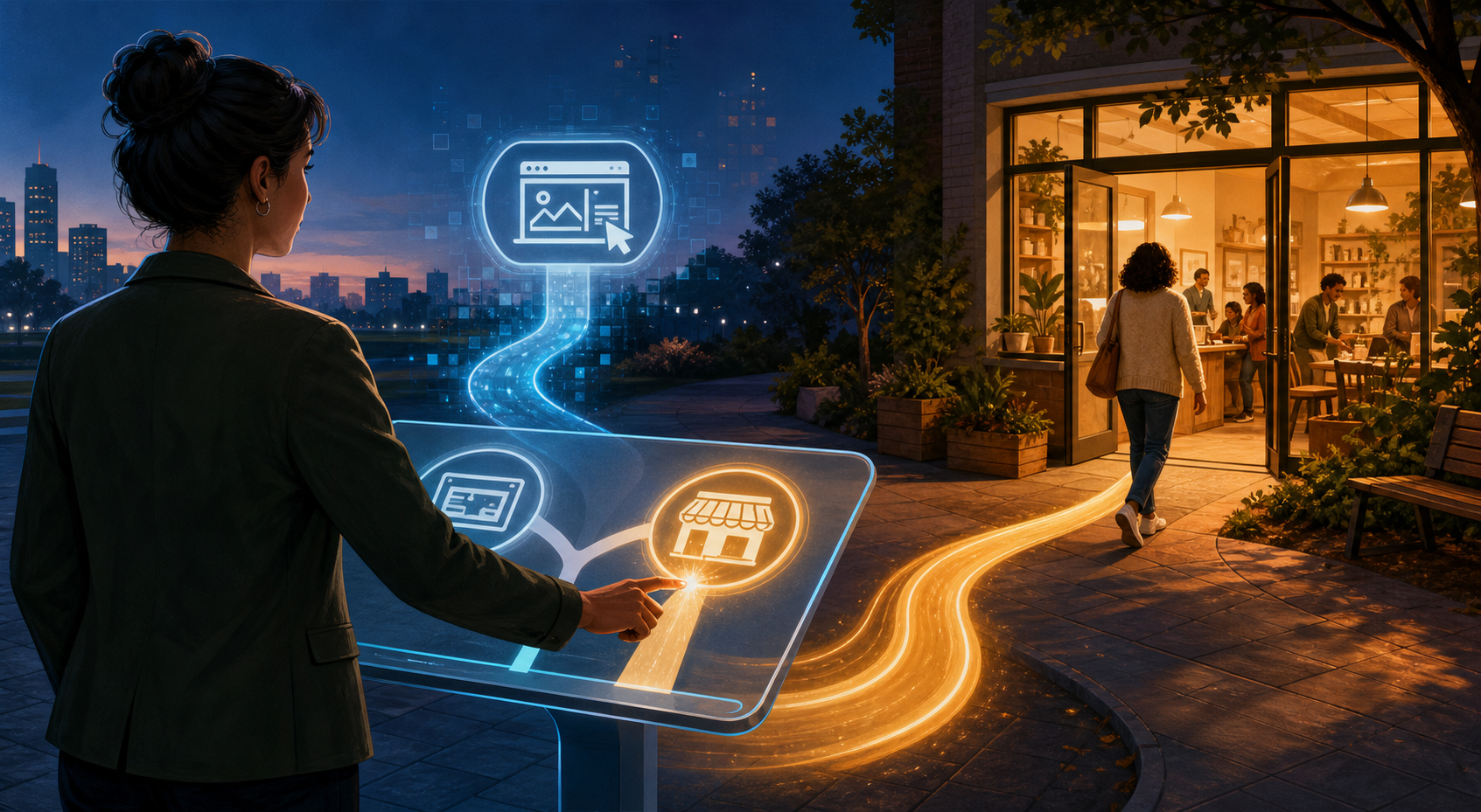 A campaign manager selects a path toward a community shop visit while a separate online-action path remains secondary.