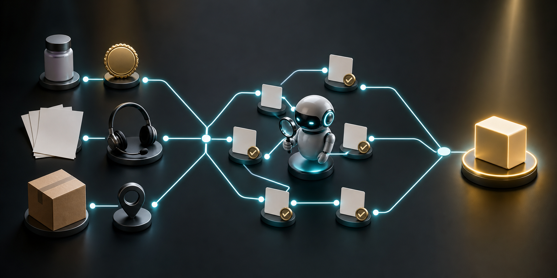 Product, service, document, and location evidence connects through a visible path to an AI assistant making a final choice.