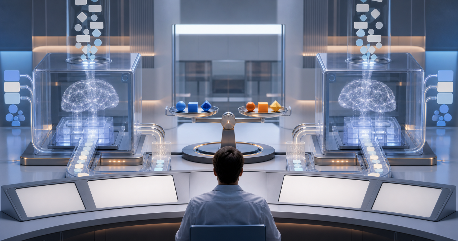 An evaluator compares two unbranded AI systems in parallel testing bays using identical inputs and a central balance mechanism.