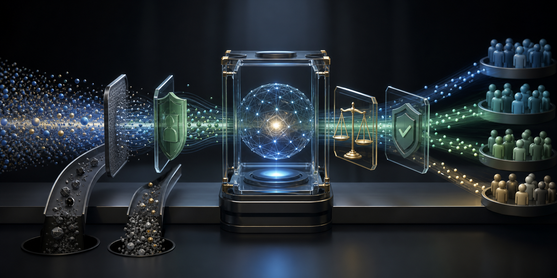 A protected AI decision core filters audience signals through privacy, balance, and verification symbols before they reach groups of people.