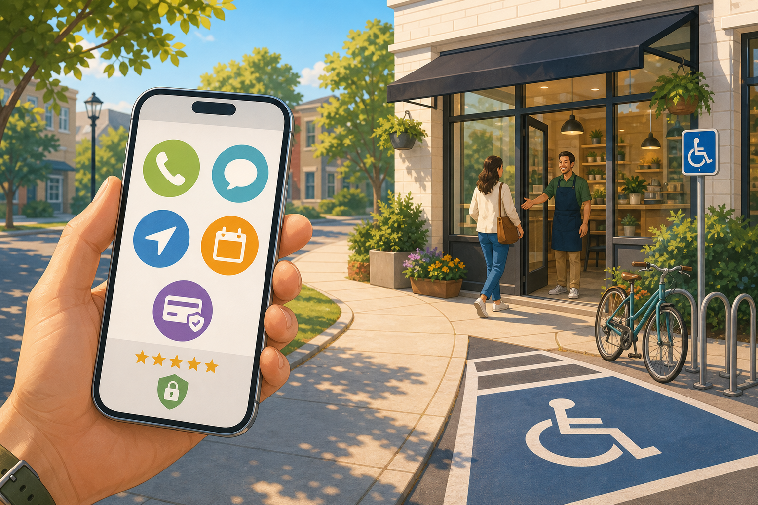 A customer holds a phone with icon-based contact actions while a clear route leads to an accessible local shop with parking, a bicycle rack, and welcoming staff.