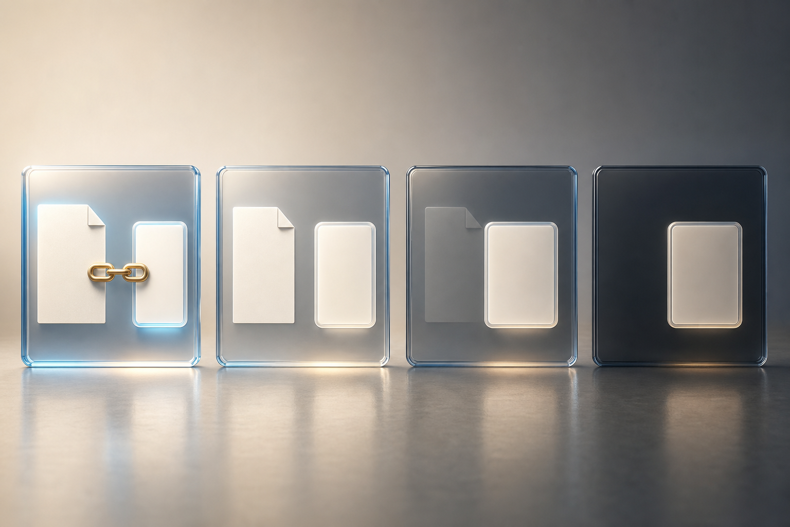 Four blank glass tiles depict citation visibility progressing from a linked source to recognition without a link, a faint source, and complete absence.