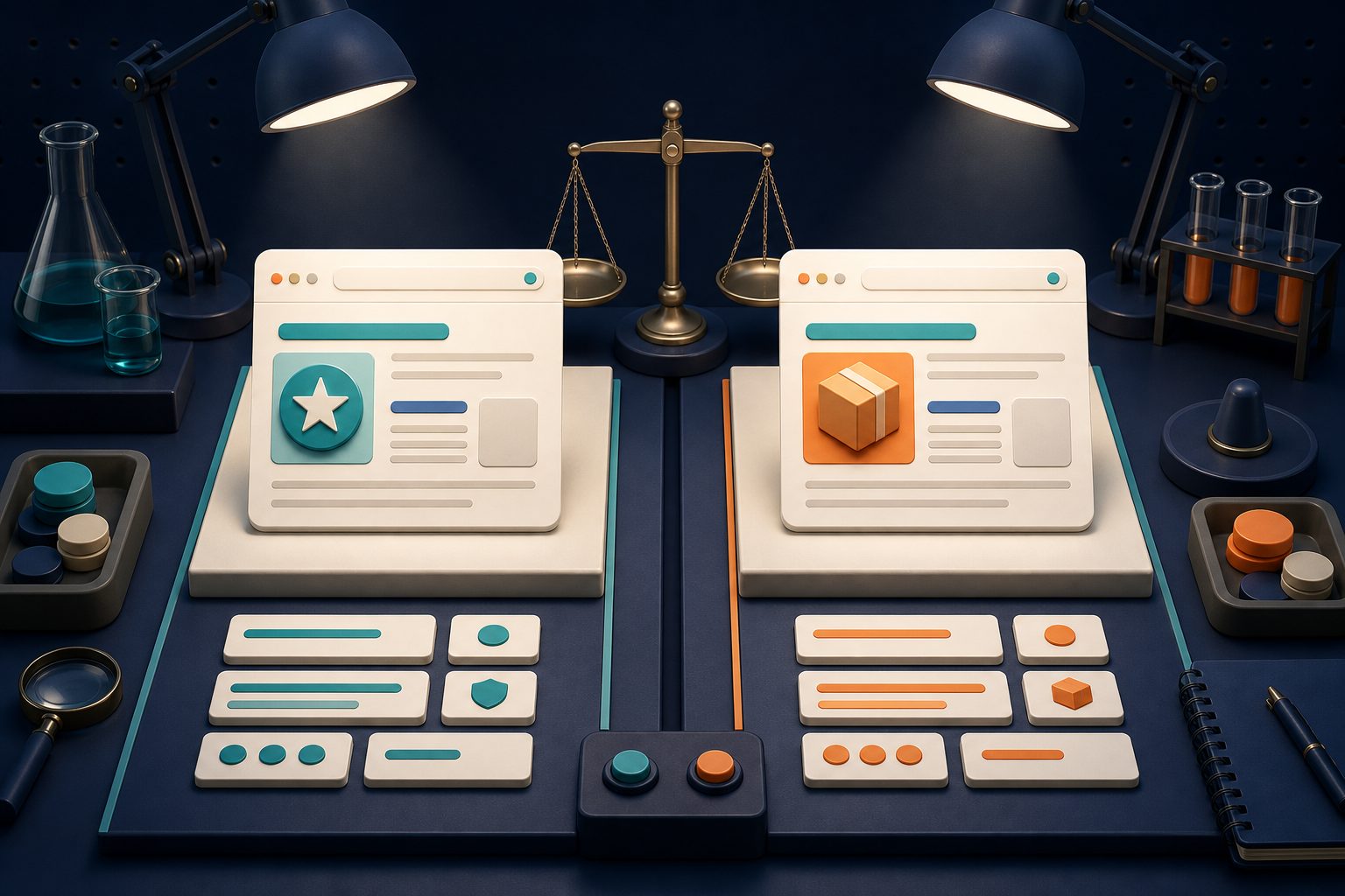 Two abstract search ad concepts are compared side by side in a controlled testing workspace.