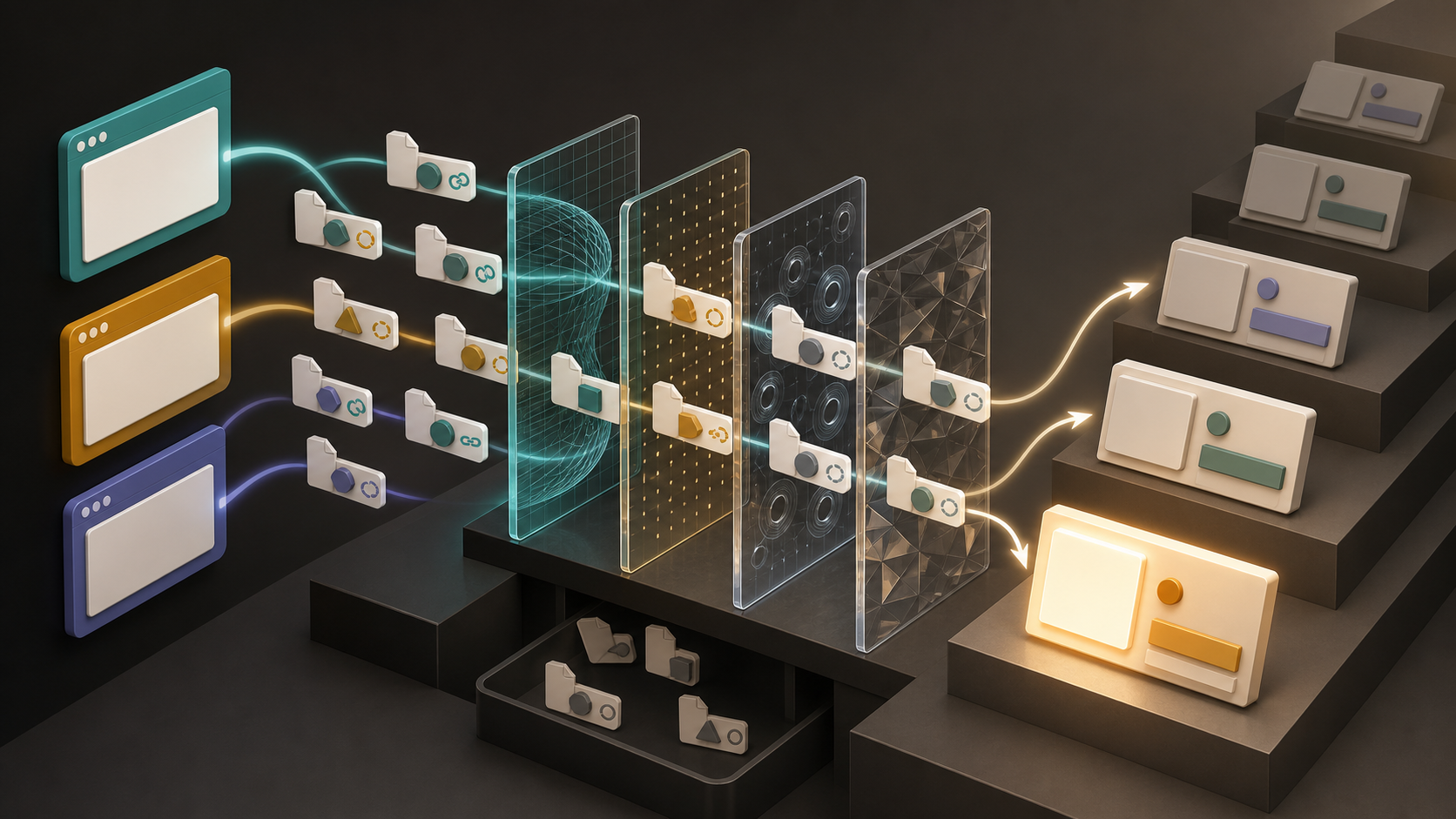 Abstract AI output panels feed citation evidence tokens through filters into an ordered staircase of content improvement tasks.