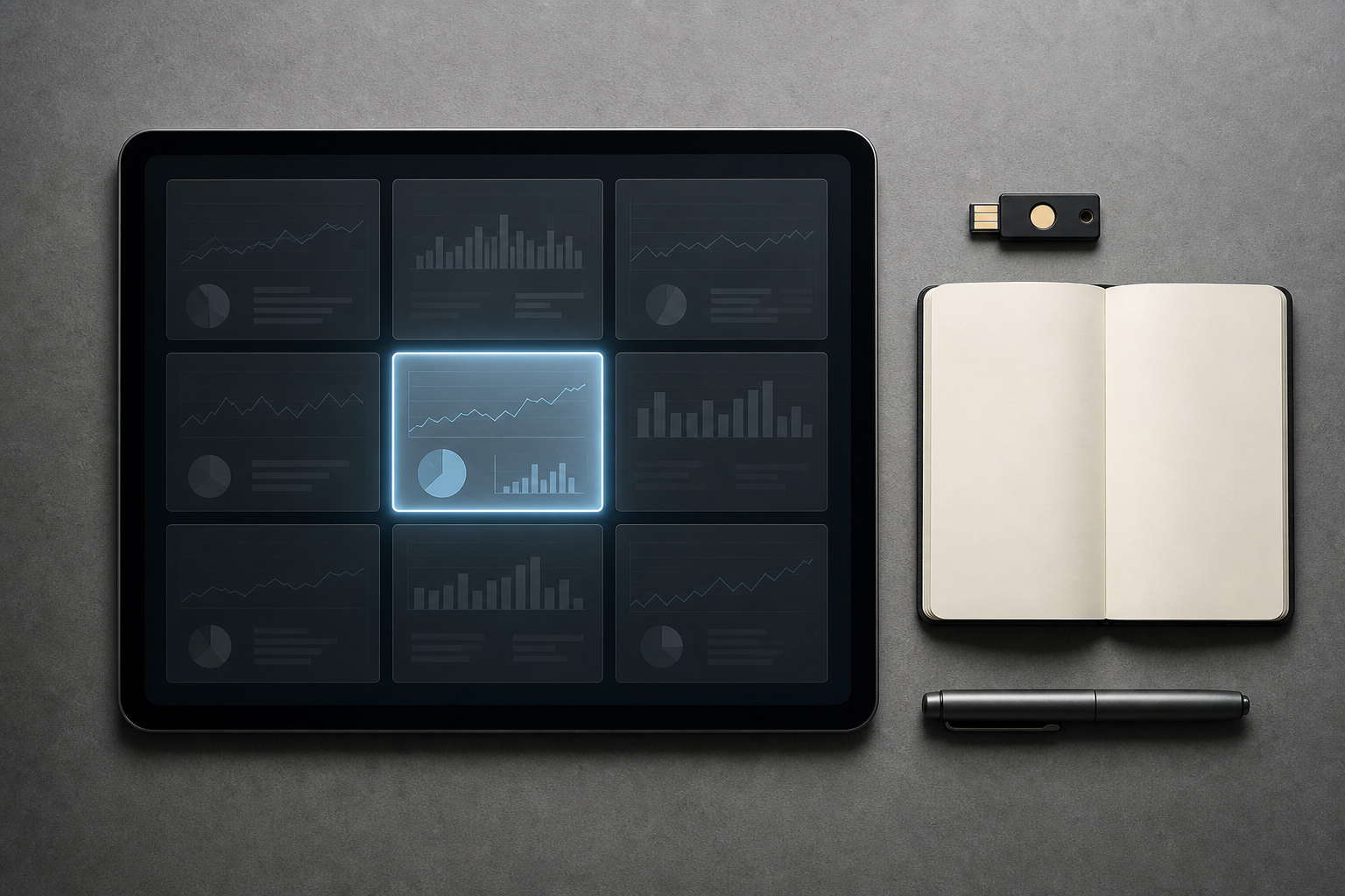 A tablet shows one illuminated campaign tile isolated within a boundary while the remaining account areas are dimmed and protected.