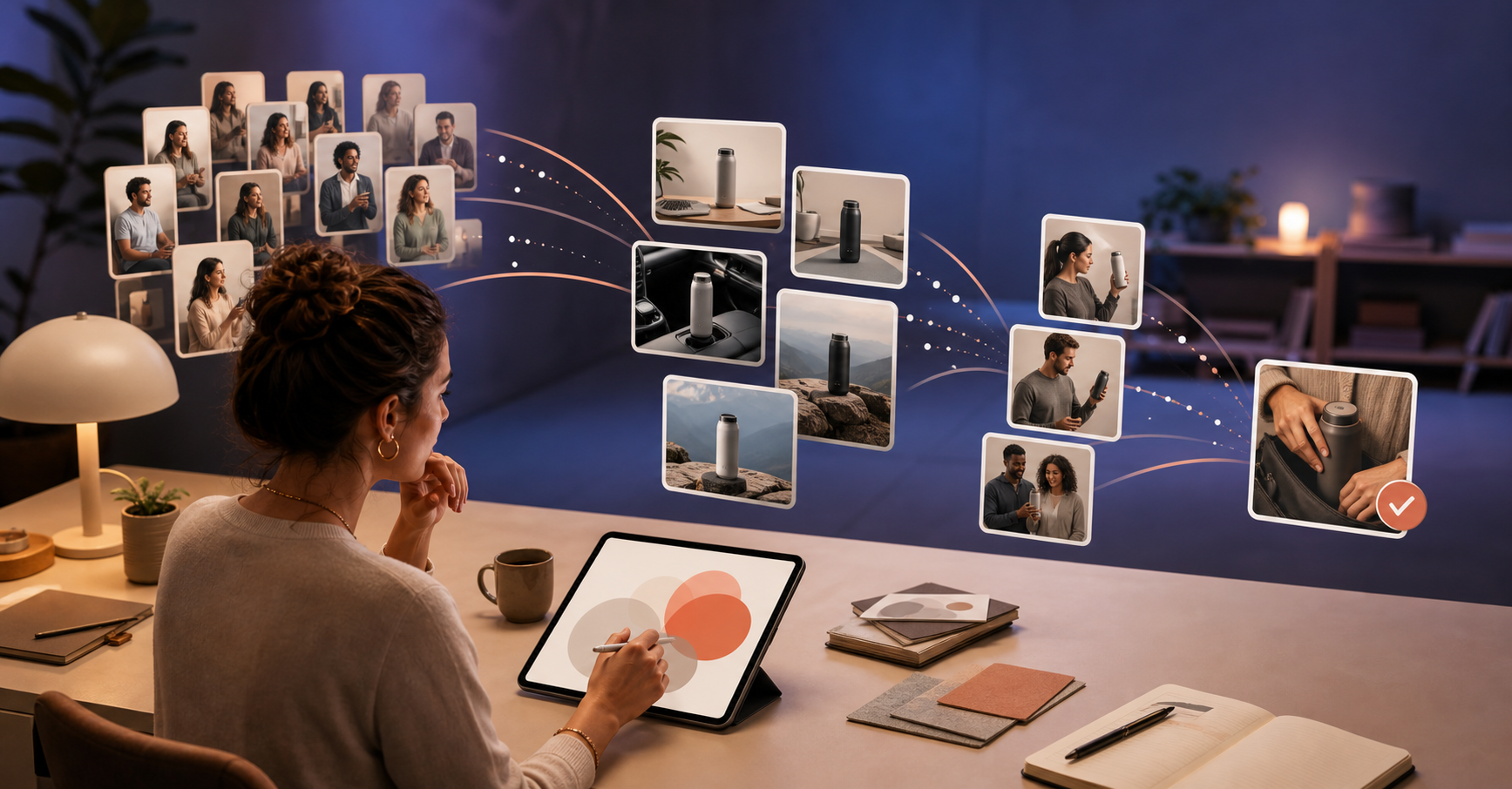 A marketer organizes text-free visual ad cards that lead groups of viewers through discovery, exploration, comparison, and conversion stages.