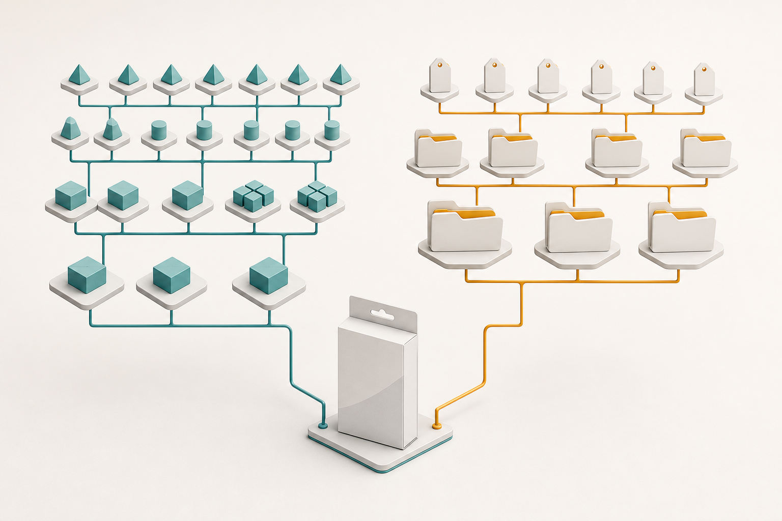One product connects to two separate branching arrangements of blank category tiles and folders.