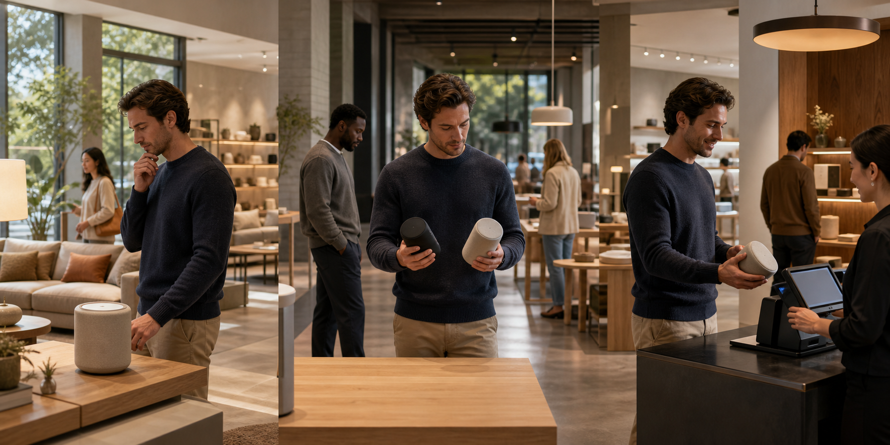 One shopper moves through three connected showroom areas, first noticing a product, then comparing options, and finally completing a purchase.