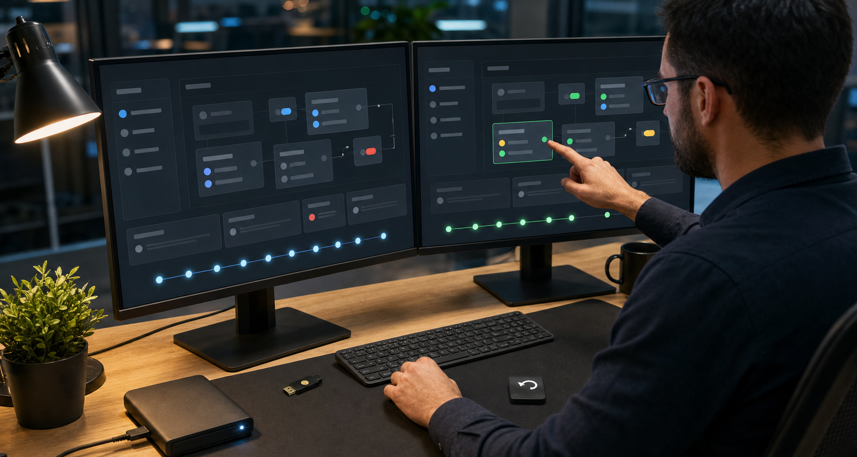 An analyst compares abstract account configurations on two monitors while reviewing a visual activity trail and keeping a security token nearby.