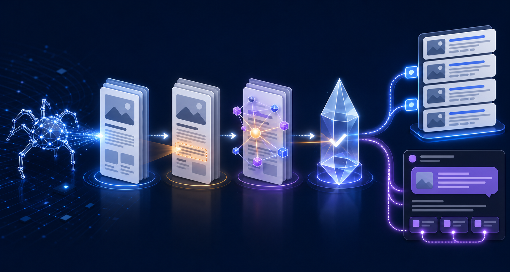 A web page passes through discovery, passage retrieval, entity understanding, and verification stages before appearing in search results and a cited AI answer.