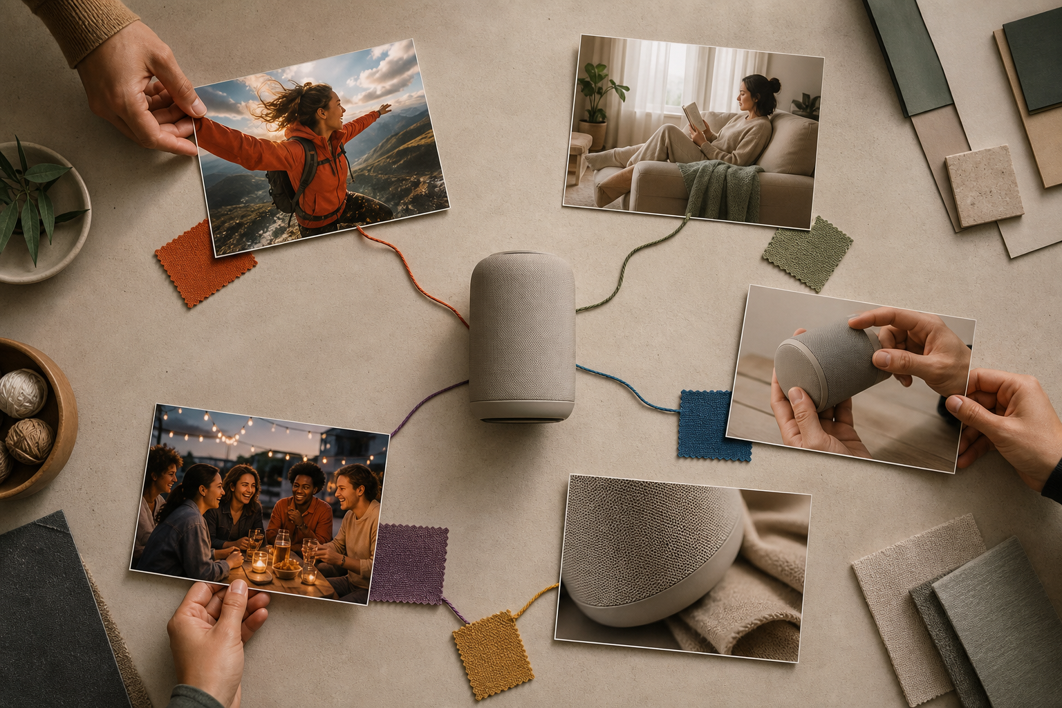 A designer arranges image-only advertising concepts around one product, with colored threads linking each concept to a different audience context.