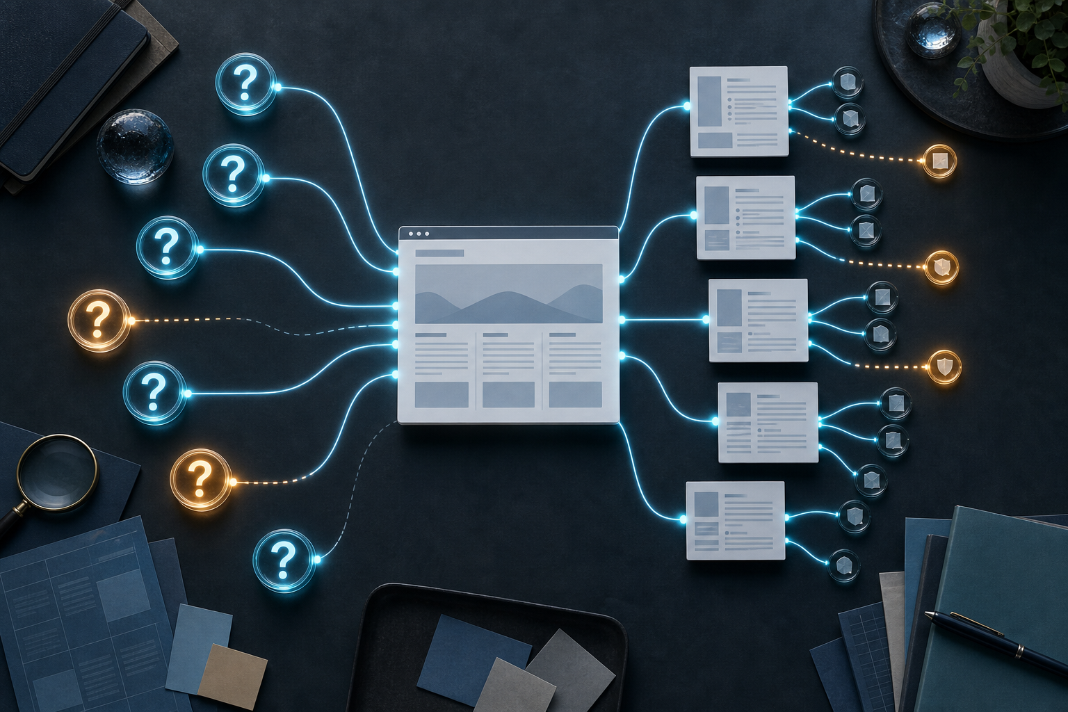 Question symbols, web page cards, and source markers are connected in a network, with several dim or broken links indicating visibility gaps.