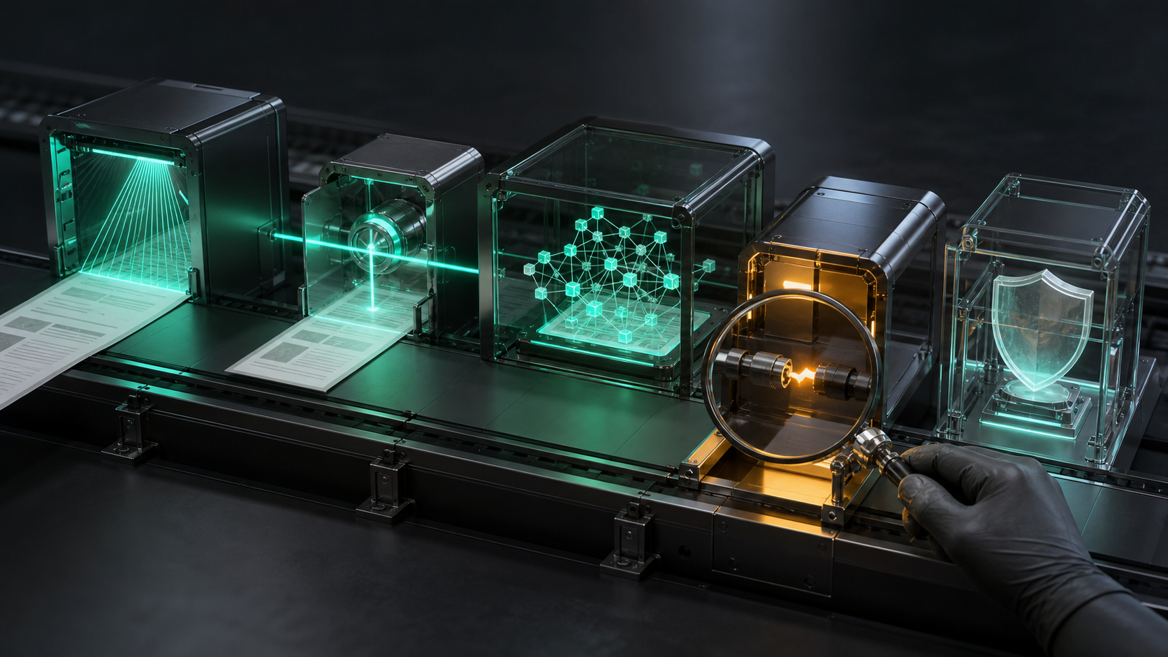 A content page moves through four inspection stations, with one amber-lit stage being examined and adjusted to show a specific visibility failure.