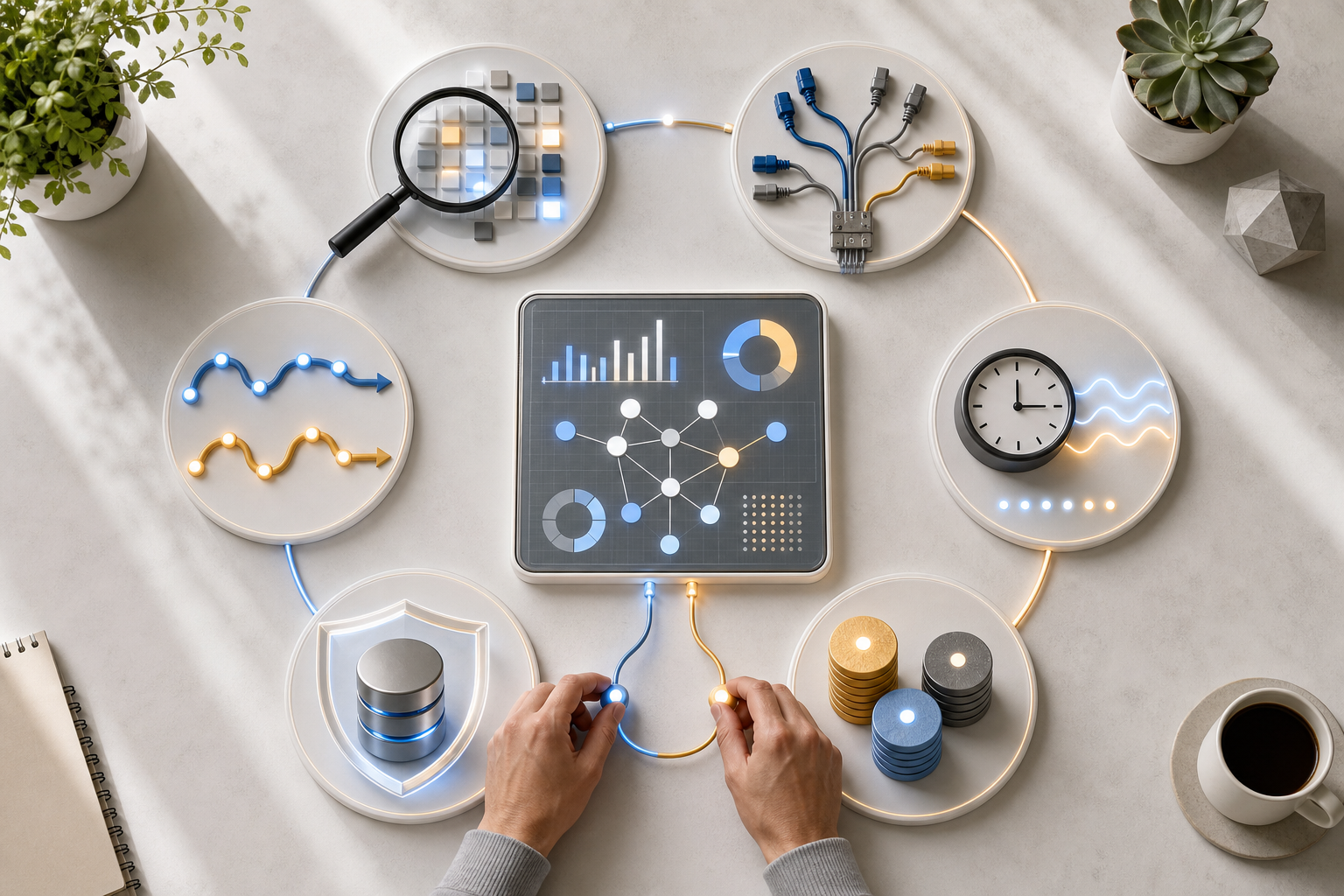 An analyst's hands inspect six symbolic stations surrounding a central search-data analytics console.