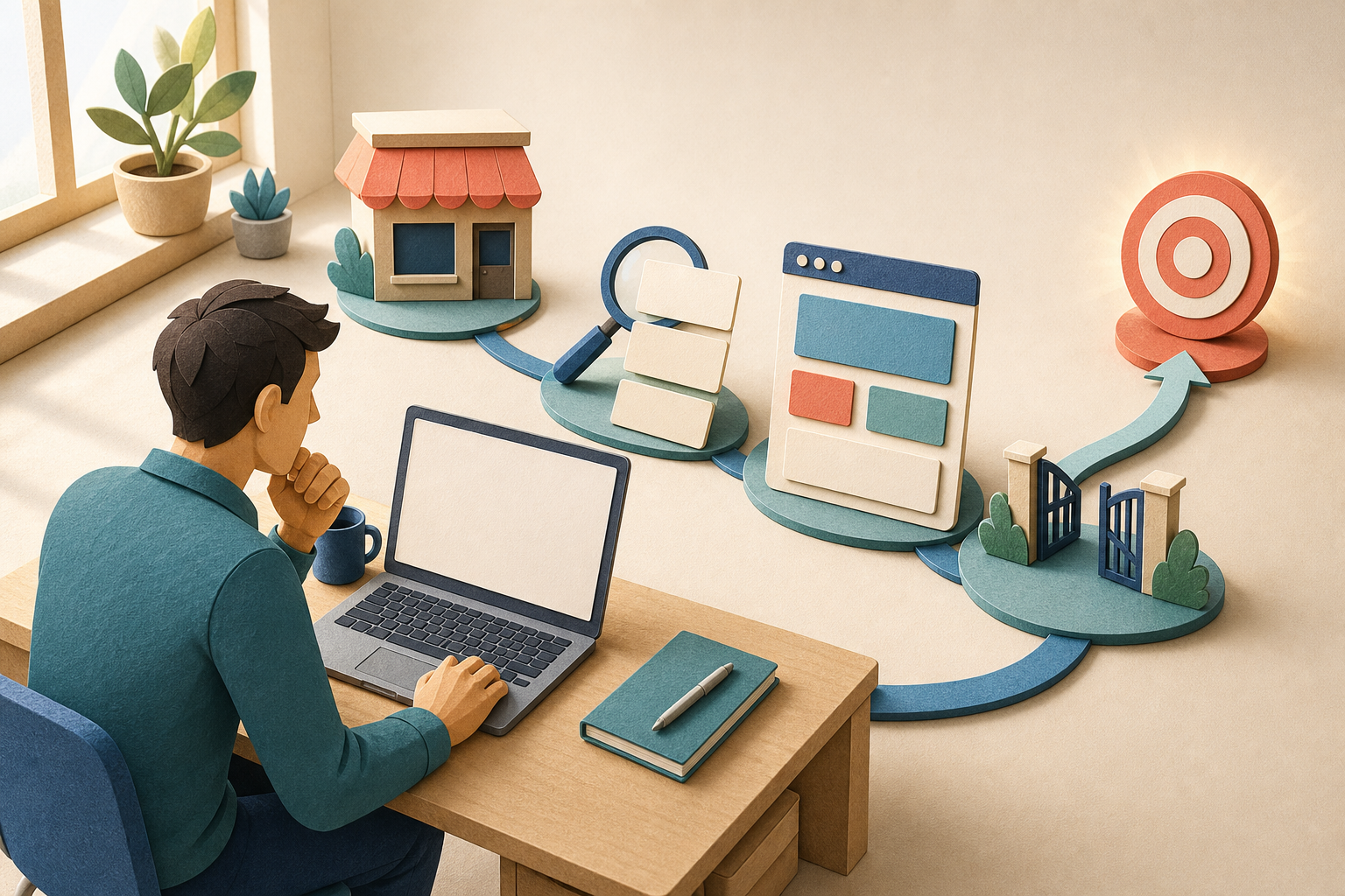 A business owner at a desk follows a visual path from a storefront and magnifying glass through webpage blocks and an open gate to a target.
