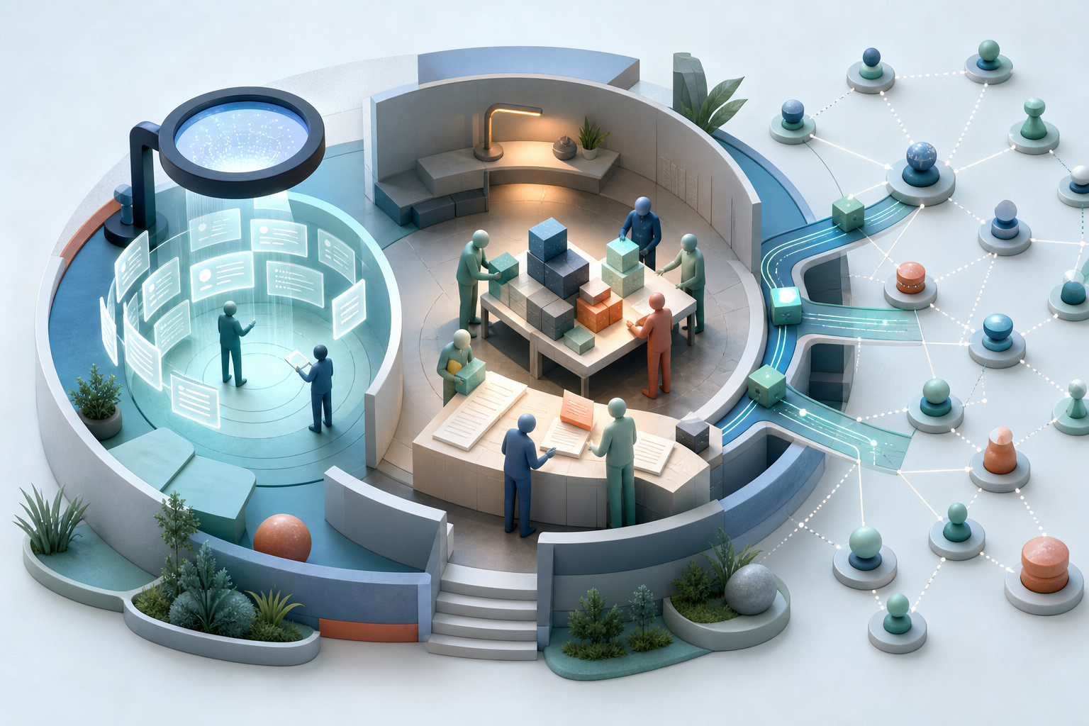 People working across connected monitoring, evidence-building, and outreach zones in a circular operations space.