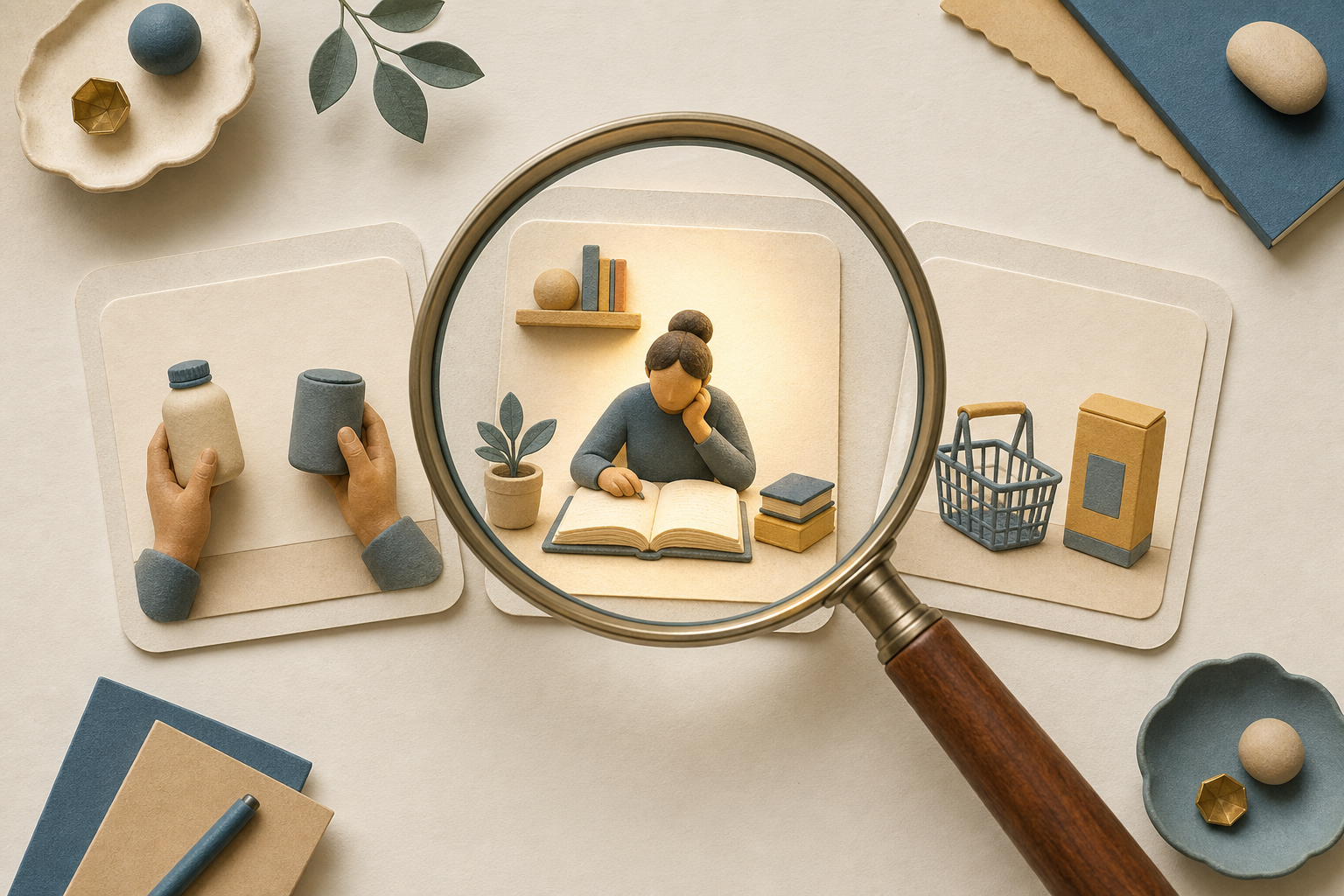A magnifying glass examines blank result cards illustrated with learning, comparison, and shopping scenes, with the learning card highlighted.