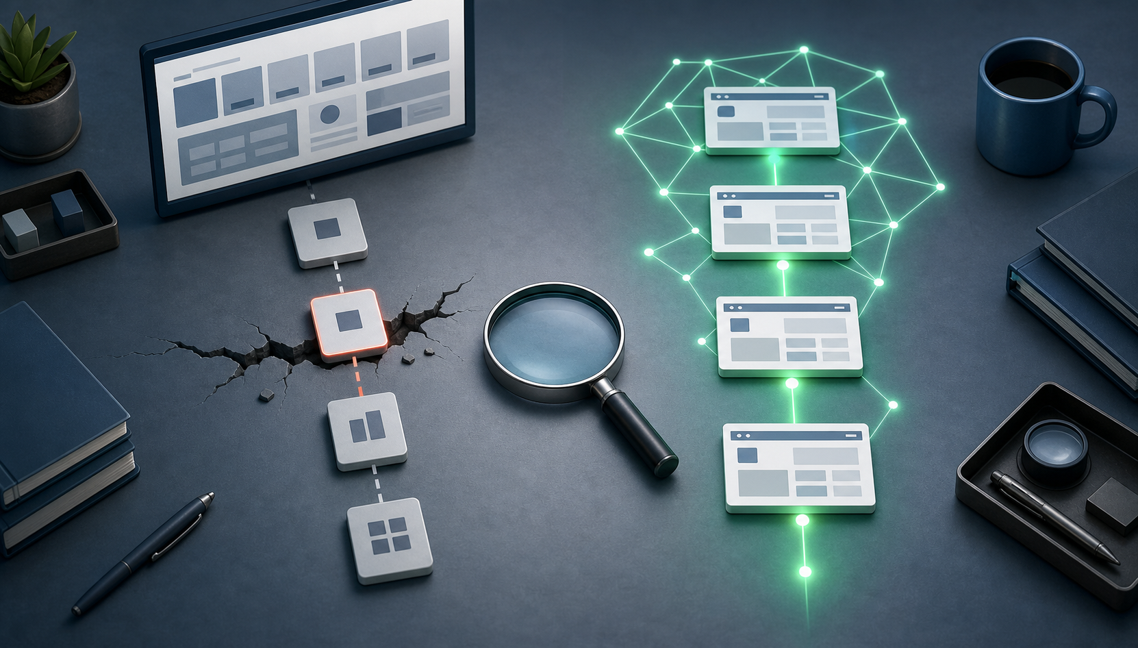 A magnifying glass separates an interrupted reporting sequence from a web-page network that continues operating normally.